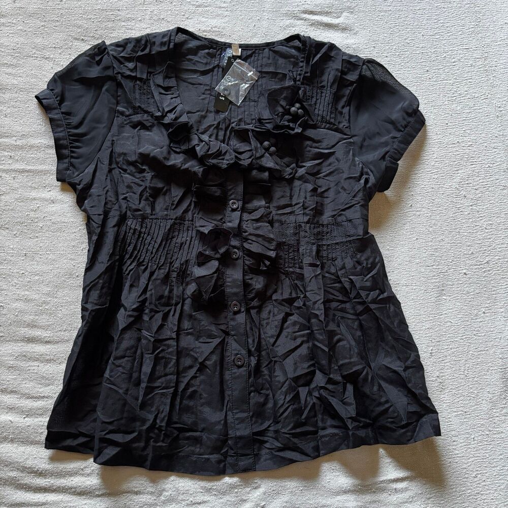 Y2K Silk Blend Black Ruffled Short Sleeve Button-Up